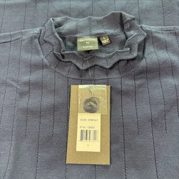 Cyrus Pointelle Scallop Trim Mock Neck Navy Tank Large NWT - Picture 9 of 11